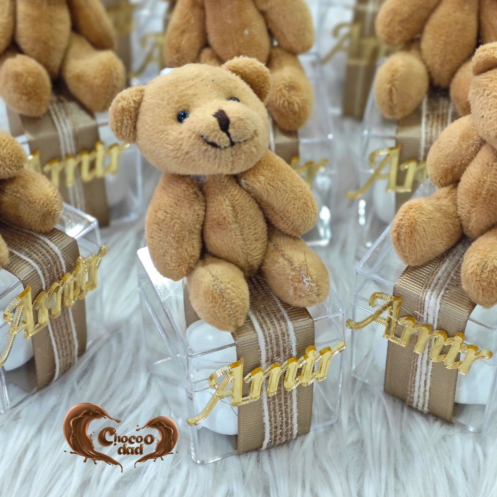 Transparent Box with Teddy Bear Toy and Chocolate Dragees Gift Boxes or Favors