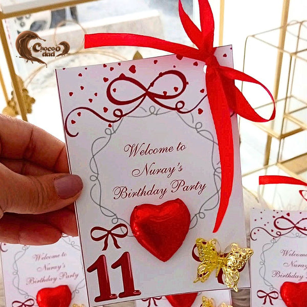 Welcome to 11th Birthday Party | Custom Red Heart Milky Chocolate Cards for Girls