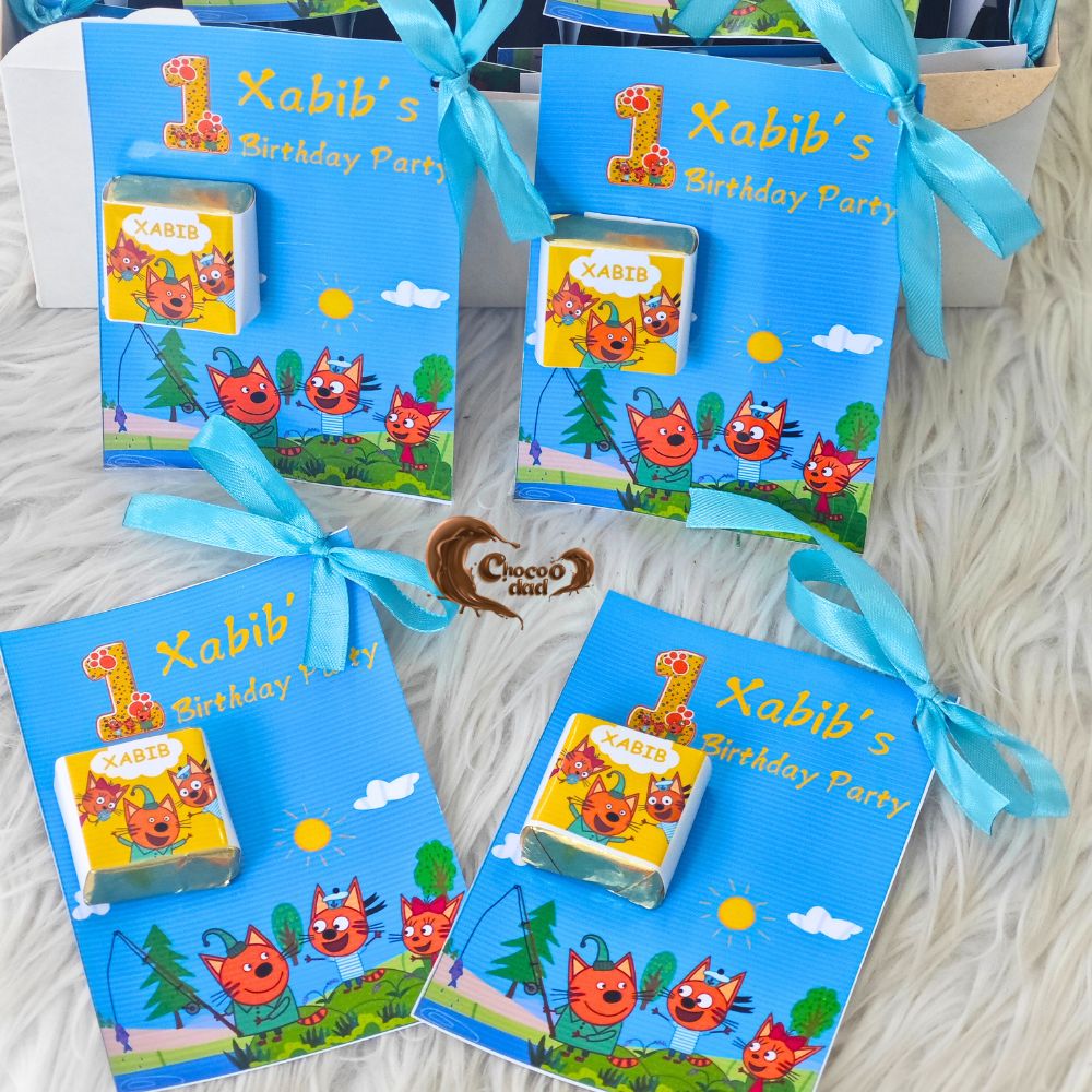 #1stBirthday #TreeCatsTheme #CustomChocolates #MilkChocolate #BirthdayPartyFavors #BlueChocolateDesign