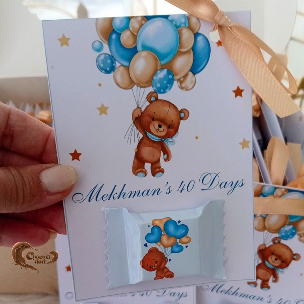 Custom Teddy Bear Chocolate Cards for Baby Boy’s First 40 Days