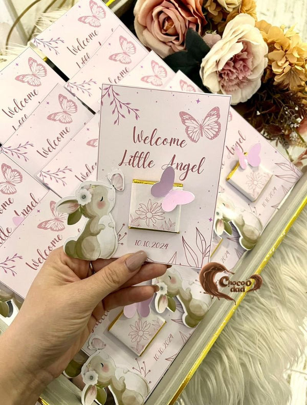 Welcome the little bundle of joy with our adorable bunny-designed chocolate cards! 🐰🍫 Made with high-quality premium chocolate, these cards are a sweet and charming way to celebrate the arrival of a baby. Perfect for baby showers, hospital visits, or as thoughtful gifts for loved ones. 💕✨ Customization is available to add a personal touch to this delightful treat! 🎁🌟