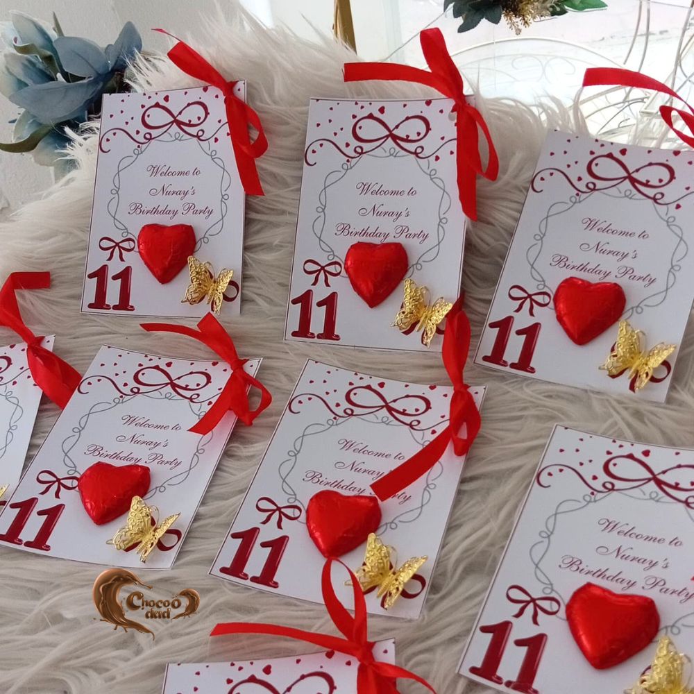 Welcome to 11th Birthday Party | Custom Red Heart Milky Chocolate Cards for Girls