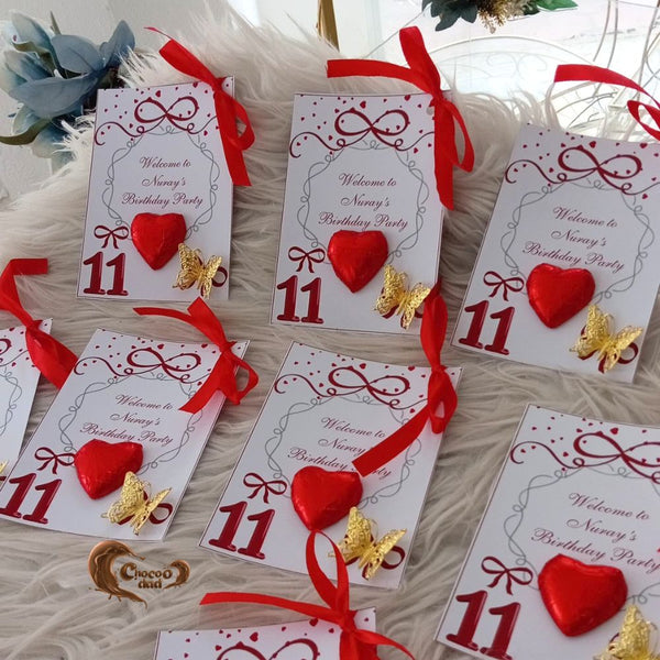 Welcome to 11th Birthday Party | Custom Red Heart Milky Chocolate Cards for Girls