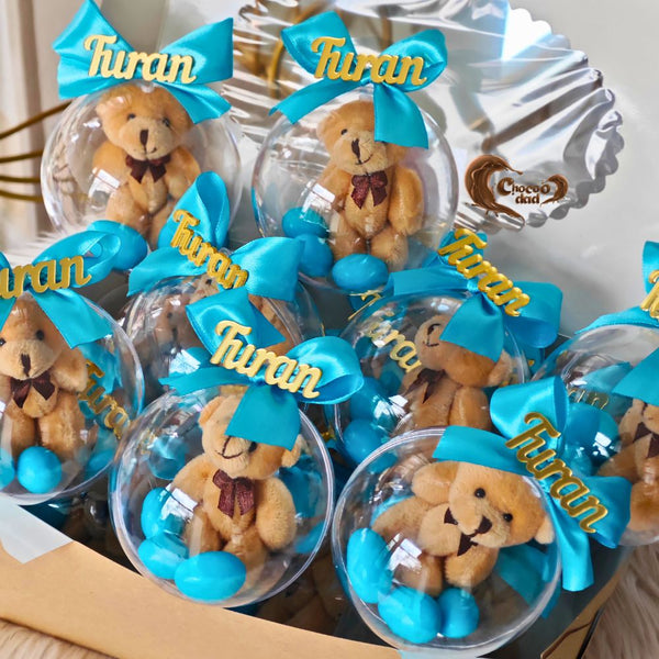 Teddy Bear Ball-Shaped Blue Chocolate Favors for Welcoming Baby