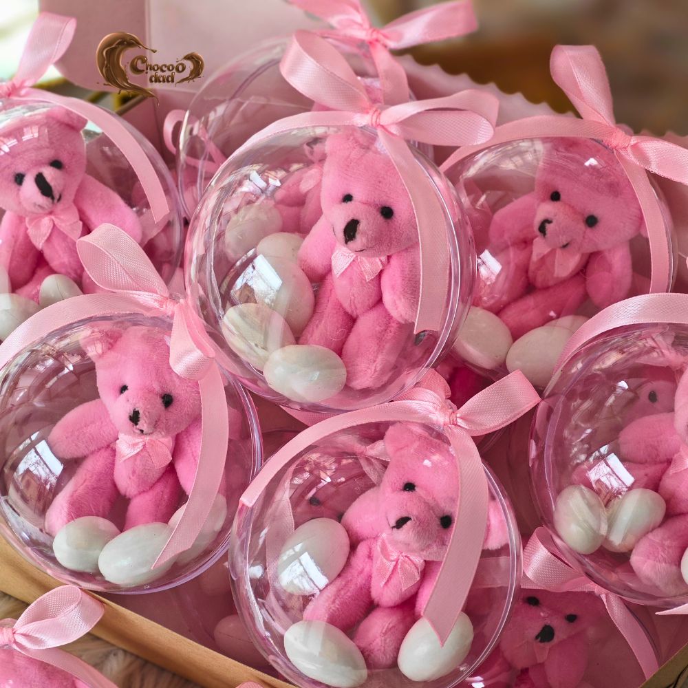Pink Teddy Bear Ball-Shaped Chocolate Favors for Welcoming Baby
