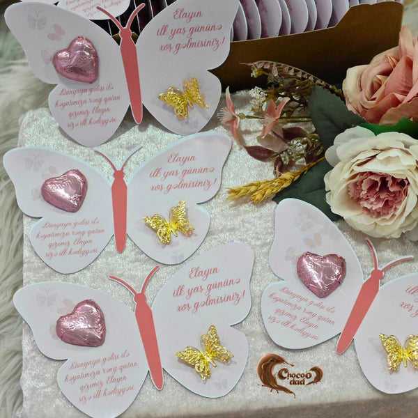Welcome to Elia's First Birthday - Pink Butterfly Design Chocolate Cards