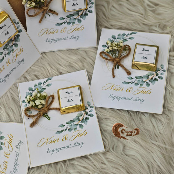 Add a touch of elegance to your special day with customized engagement chocolate cards, designed with a beautiful flower bouquet theme.