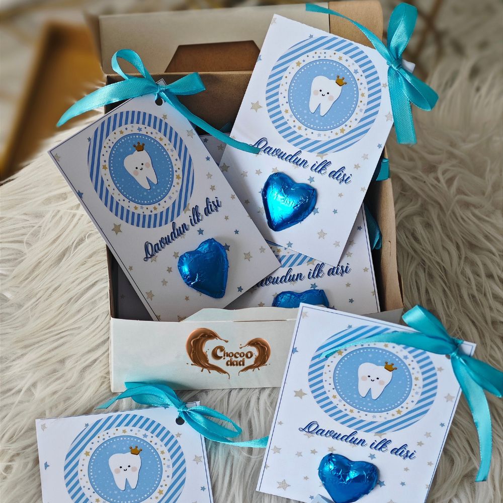 Blue Tooth-Themed Chocolate Cards for First Tooth Celebration