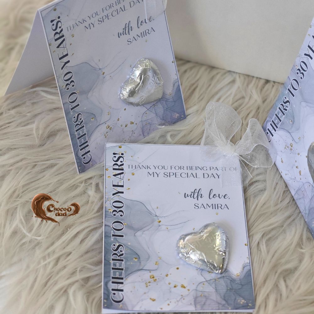Celebrate three decades of joy, love, and memories with our "Cheers to 30 Years" custom chocolate cards