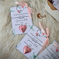 Celebrate your Engagement or Wedding Day with a heartfelt thank you! These pink-colored chocolate cards are adorned with the thoughtful message, "Thank you for being with us on our special day," making them a perfect gift for your guests.