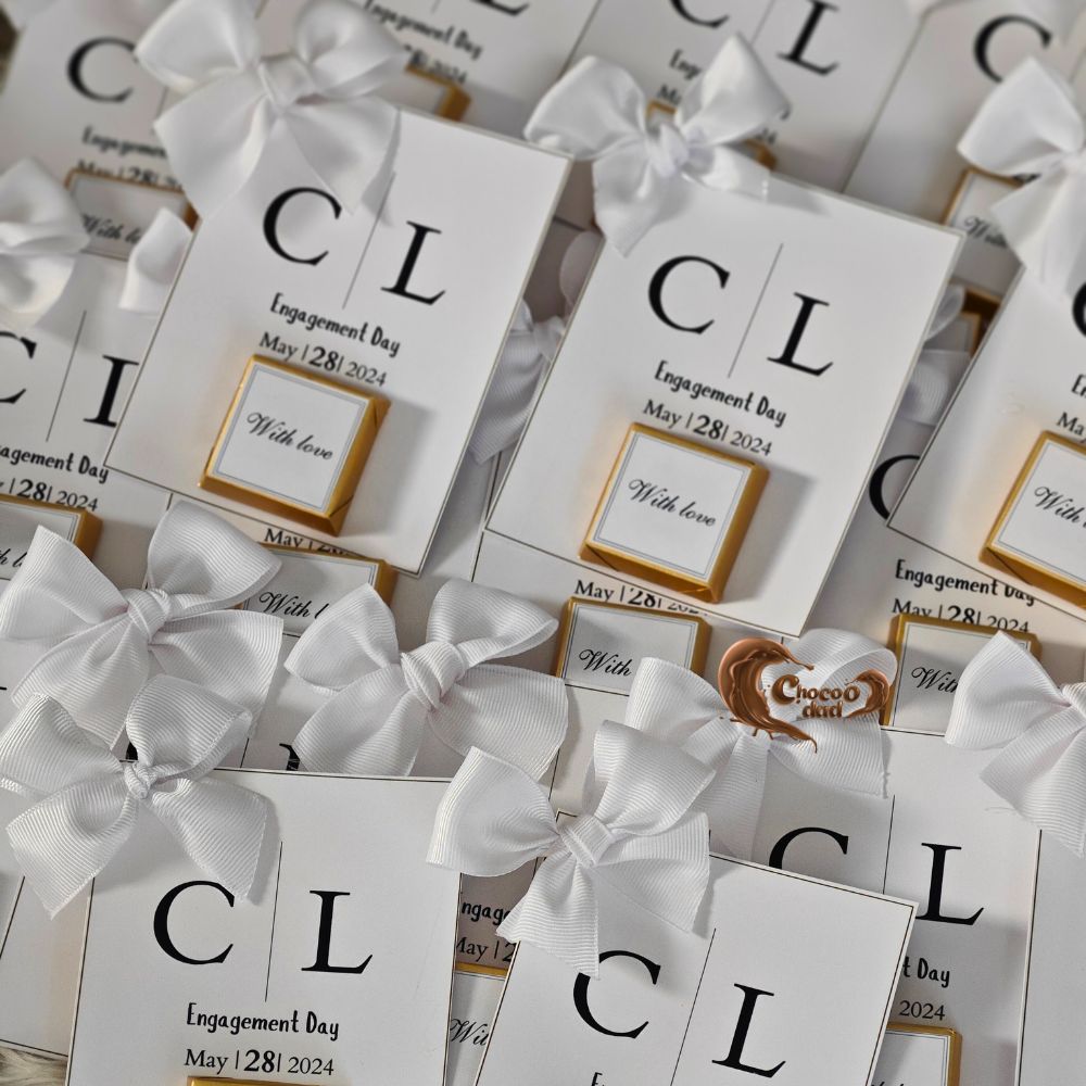 Celebrate your engagement with these beautifully designed chocolate favors, perfect for sharing your special moment with family and friends!
