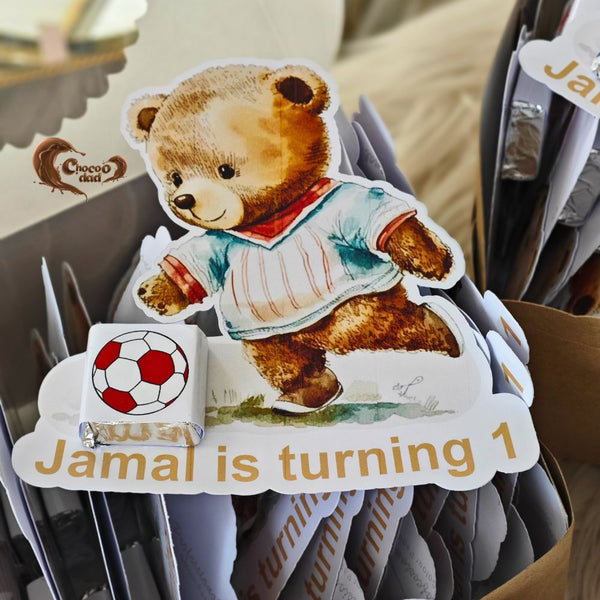 Celebrate your little one's first birthday with our adorable Football and Teddy Bear-themed chocolate cards