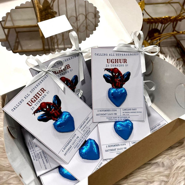 Celebrate your little superhero’s first birthday with these Spider-Man-themed chocolate invitation cards, bringing fun and sweetness together for an unforgettable day!
