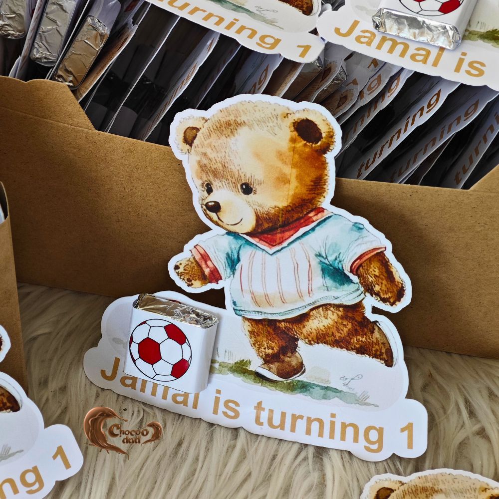 ⚽🐻 First Birthday Special – Football & Teddy Bear Chocolate Cards
