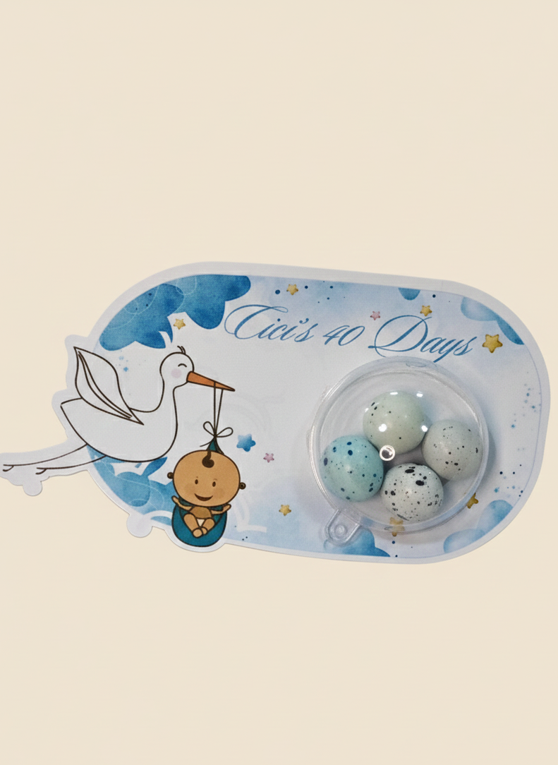 Baby shower card with stork and baby design on a beige background