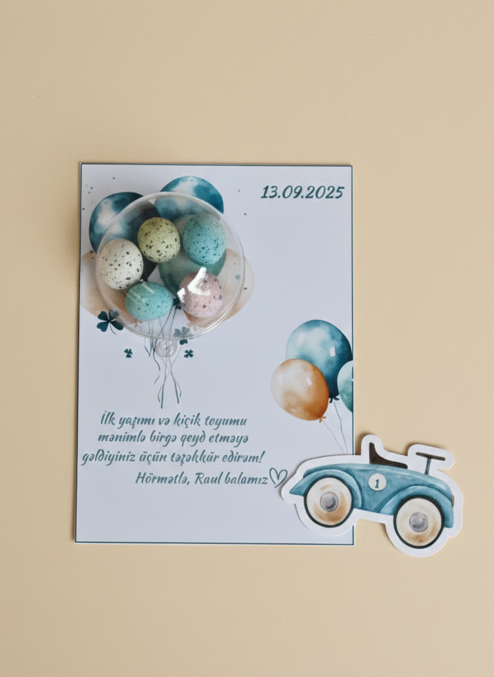 Decorative card with balloons and text on a beige background
