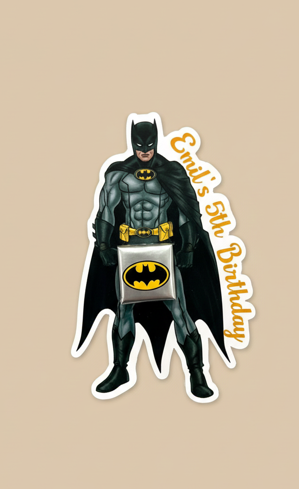 Batman character holding a chocolate with 'Emil's 5th Birthday' text on a beige background