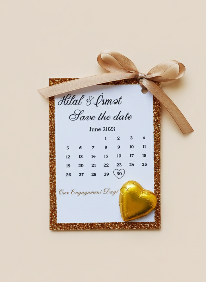 Save the date card with a heart-shaped chocolate and ribbon on a beige background