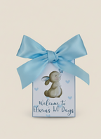 Gift box with a blue ribbon and a bunny illustration on a beige background
