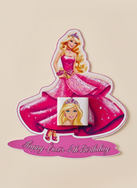 Barbie-themed birthday card with pink dress and 'Happy 4th Birthday' text on a beige background