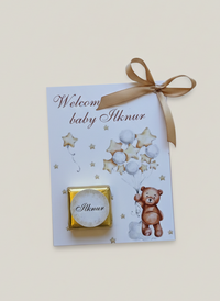 Baby shower card with teddy bear and personalized name on a light background