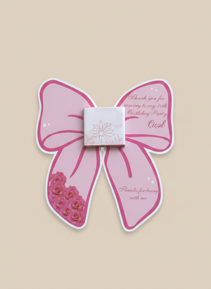 Pink Bow Birthday Favors, Custom 3D Ribbon Treat Cards, Personalized Girls Party Chocolates, Çiçək 10th Birthday Keepsakes, Coquette Aesthetic Party Gifts, School Birthday Distribution Ideas, Elegant Floral Party Favors.