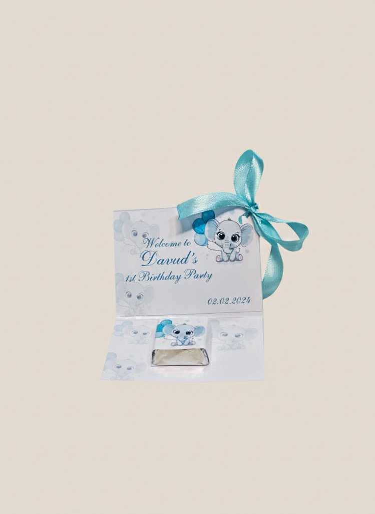 Cute Elephant Design Chocolate Cards for Baby Boy 1st Birthday – Personalized Table Favors