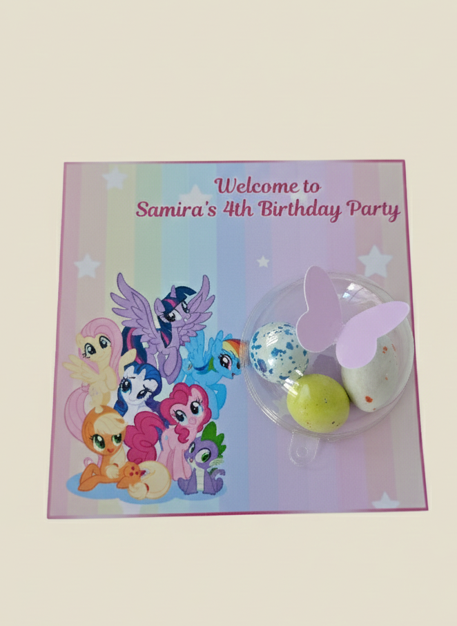 Invitation card for Samira's 4th birthday party with cartoon characters on a light pink background.