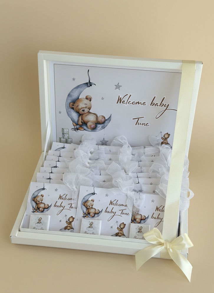 Personalized 24-Piece Baby Boy Chocolate Gift Set – Custom "Welcome Baby Tunc" Keepsake Box with Celestial Teddy Bear Theme