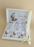 Personalized 24-Piece Baby Boy Chocolate Gift Set – Custom "Welcome Baby Tunc" Keepsake Box with Celestial Teddy Bear Theme