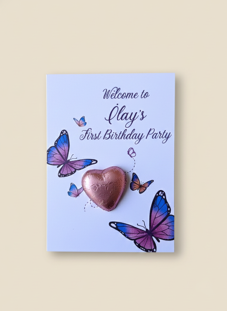 Invitation card for a first birthday party with butterflies and a heart on a light purple background
