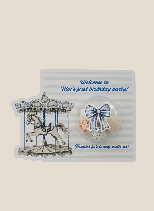Decorative birthday card with carousel design and text on a beige background
