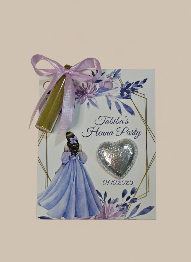 Invitation card for a Henna Party with a decorative ribbon on a beige background