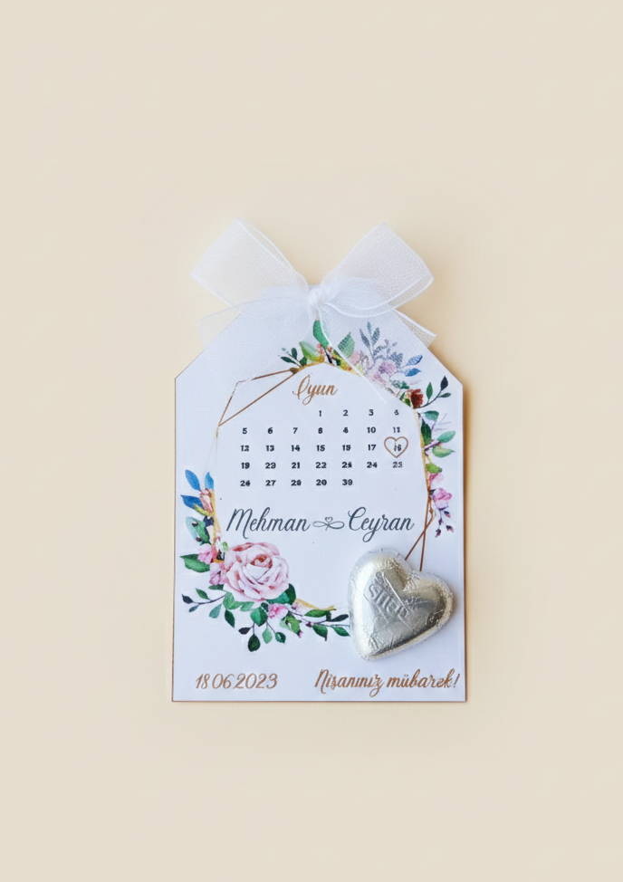 Decorative card with floral design and heart-shaped object on a beige background