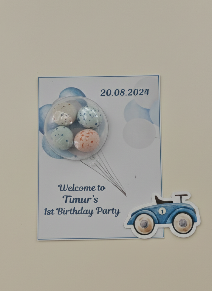 Birthday party invitation card with balloons and a car design on a beige background