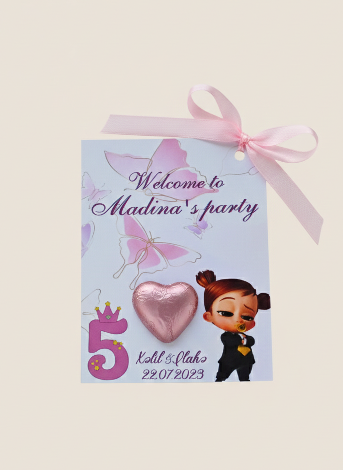 Party invitation card with cartoon character, pink heart, and butterfly on a light purple background.