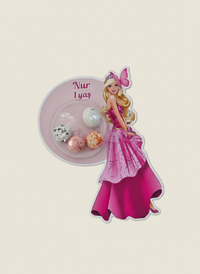 Cartoon character in a pink dress with a bow on a beige background