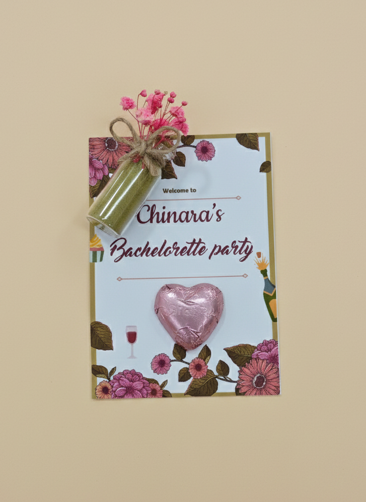 Bachelorette party invitation with floral design and pink heart balloon on a beige background