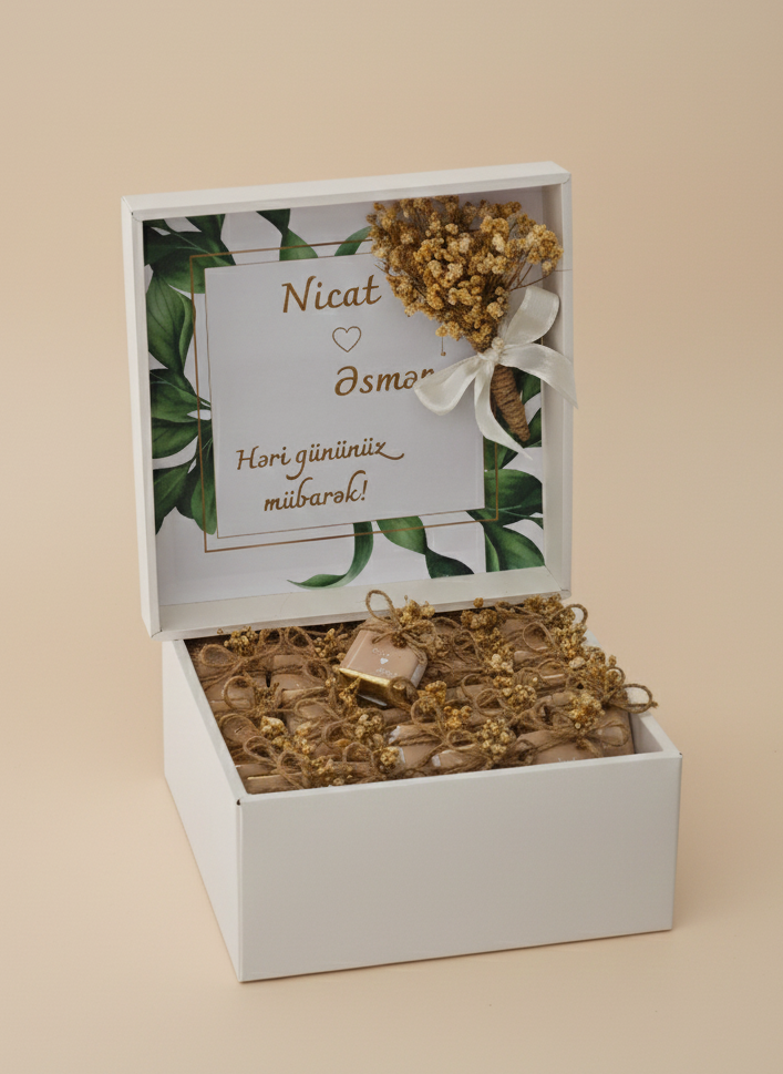 Decorative chocolate box with dried flowers and a card inside on a beige background