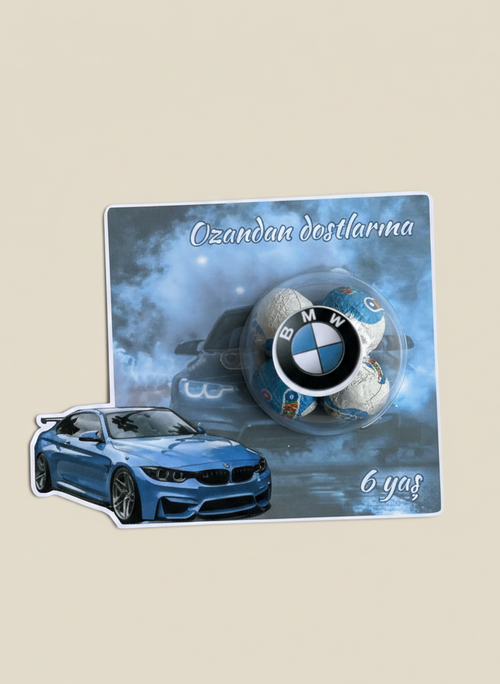 BMW Birthday Favors, Personalized Racing Party Gifts, Custom 3D Car Cutout Treats, Ozan 6th Birthday Keepsakes, Sports Car Theme Chocolate Cards, Boys School Birthday Distribution, BMW M-Series Party Decor.