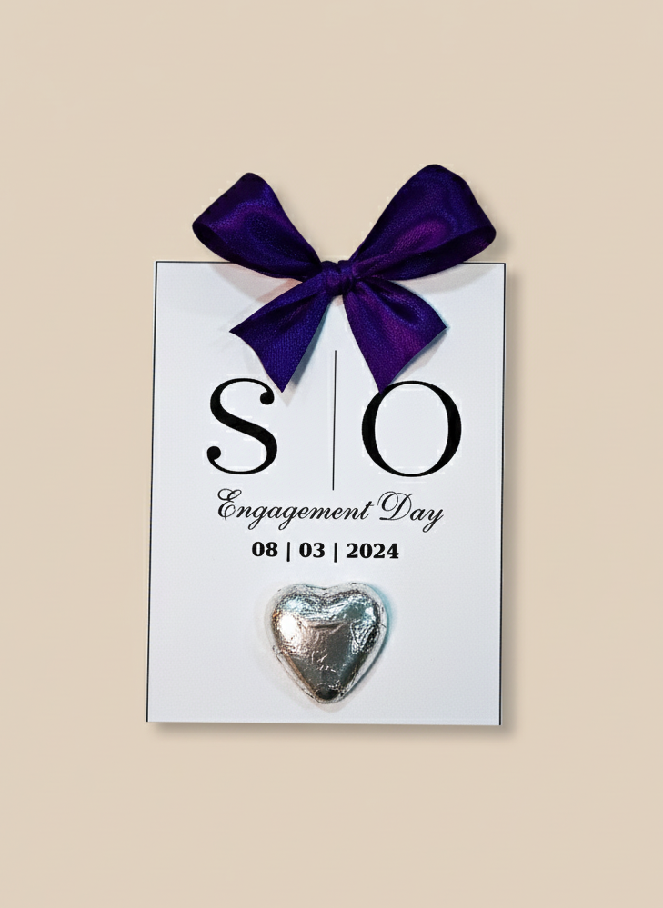 chocolate cards for engagement days with purple ribbon