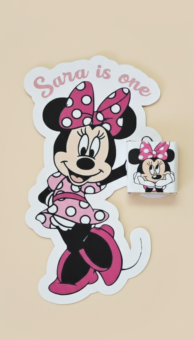 Minnie Mouse-themed birthday banner with 'Sara is one' text on a beige background
