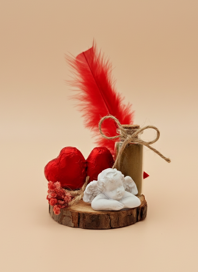 Decorative setup with red feathers, heart-shaped objects, and a small vase on a wooden base against a beige background.
