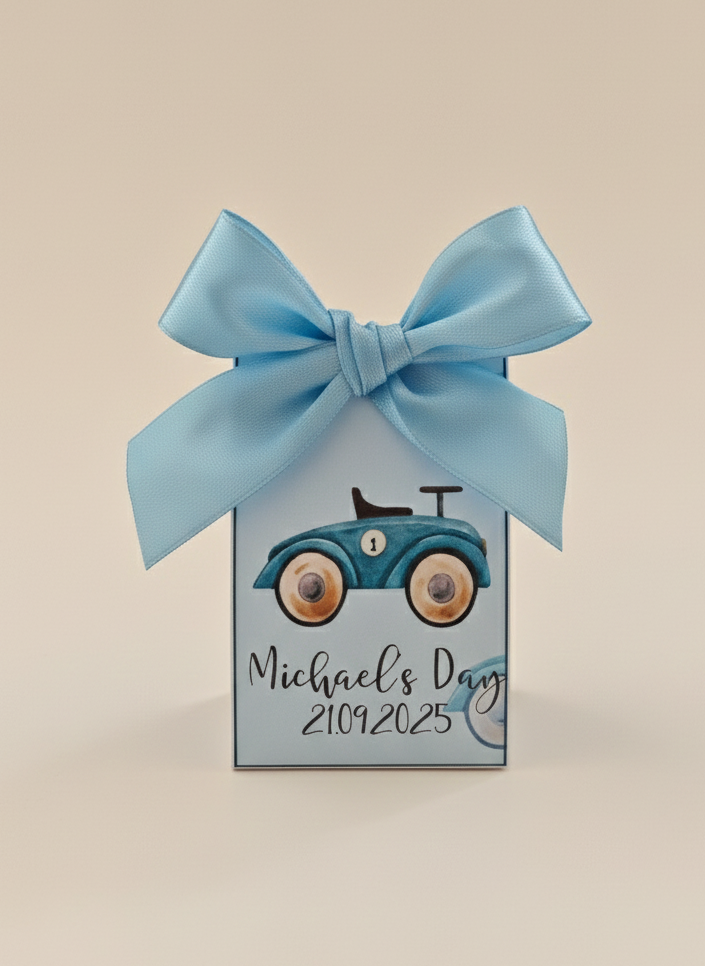 Gift box with blue ribbon and vintage car design on a beige background