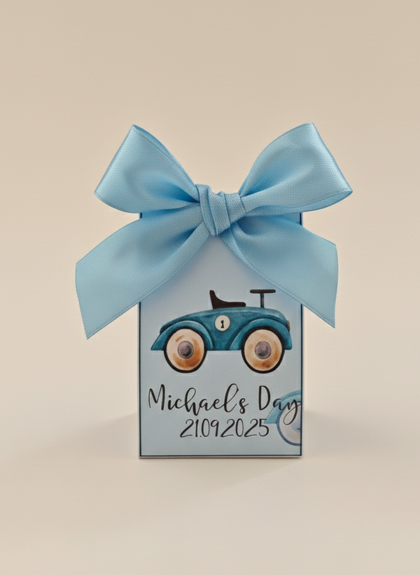 Gift box with blue ribbon and vintage car design on a beige background