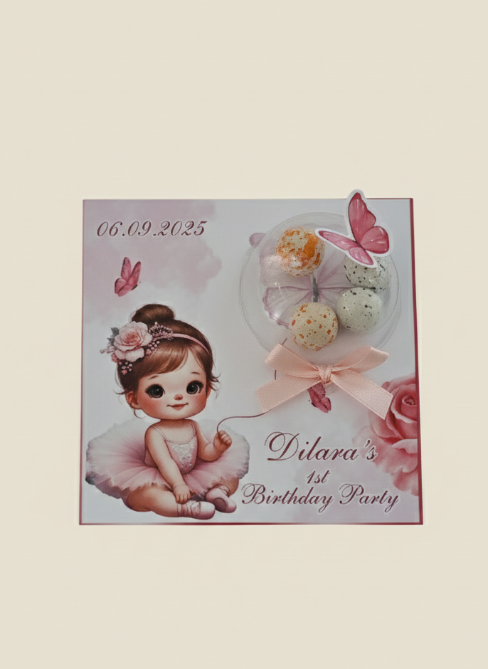 Invitation card for a birthday party with a baby girl design on a light beige background.