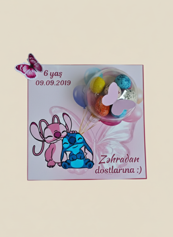 Children's birthday card with cartoon character, balloons, and text on a light pink background