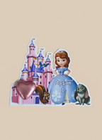 Sticker of a princess character with a castle and heart on a beige background
