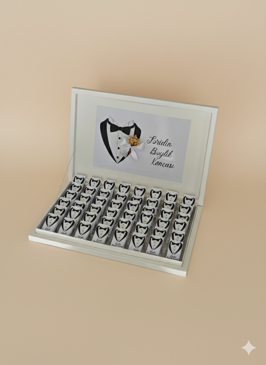 Set of heart-shaped boxes with a tuxedo design on a beige background