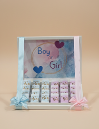 Decorative baby shower decision card with 'Boy or Girl?' text and heart designs on a beige background.